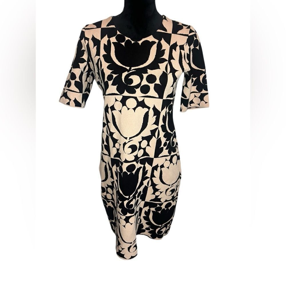 ANN TAYLOR BLACK & TAN FLORAL PRINTED SHORT SLEEVE DRESS WOMENS SIZE MEDIUM